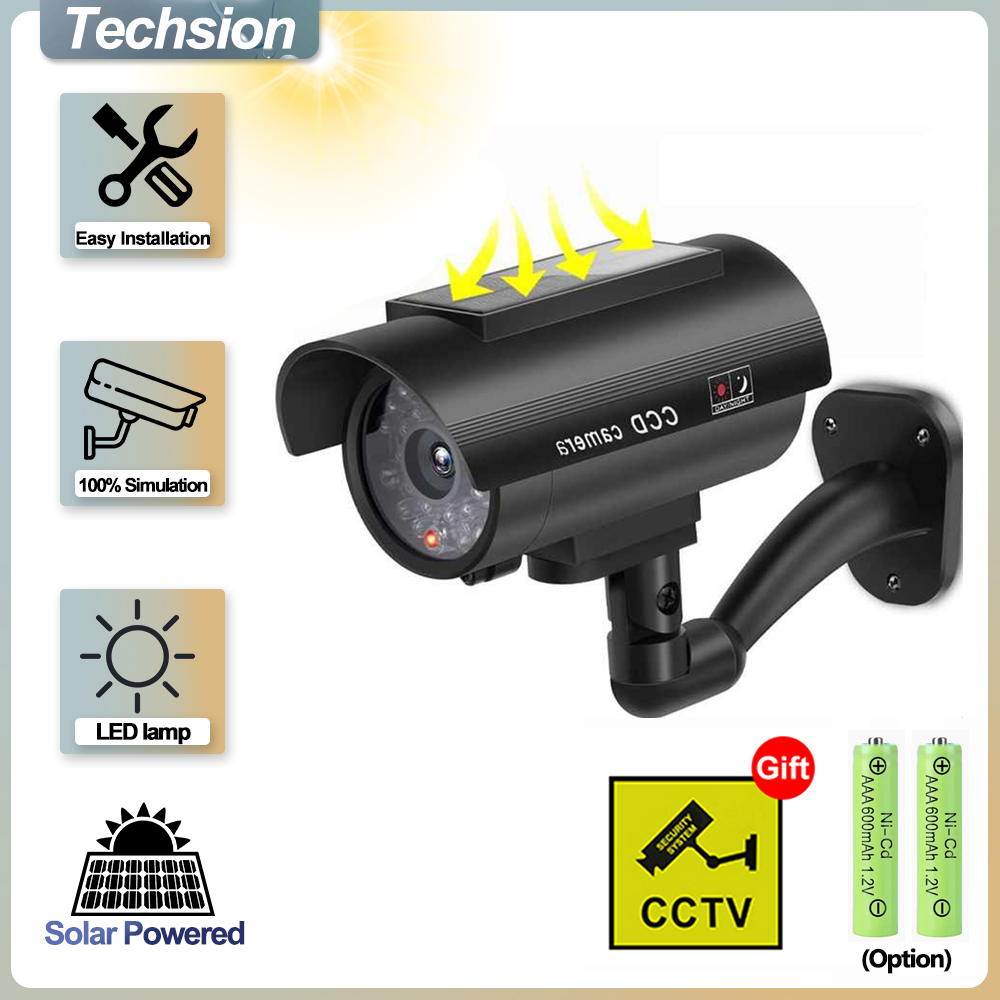Home Security Cameras Outdoor - แผงเซลล์แสงอาทิตย์จำลองกล้องวงจรปิด, กล้องปลอมกลางแจ้ง, กล้องวงจรปิดอะนาล็อกกันน้ำ, จอภาพ Bullet LED