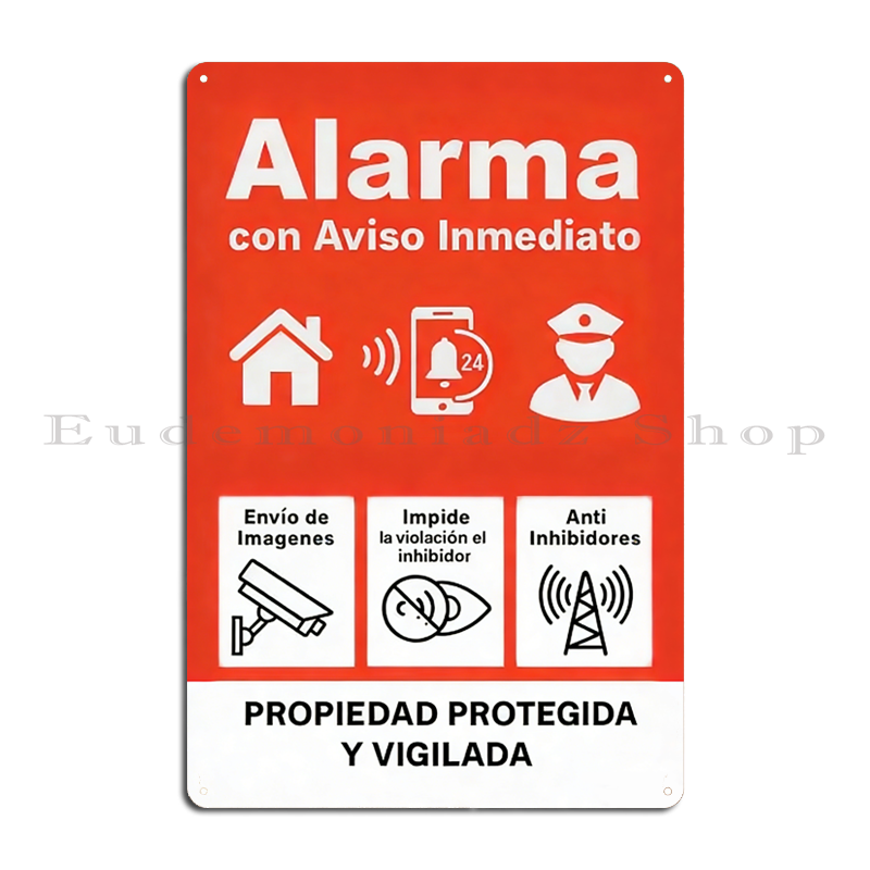 Home Security System - ป้ายโลหะระบบเตือนภัย 24 ชม. สไตล์เรโทร ป้ายตกแต่งรักษาความปลอดภัยสไตล์วินเทจสเปน พร้อมไอคอน