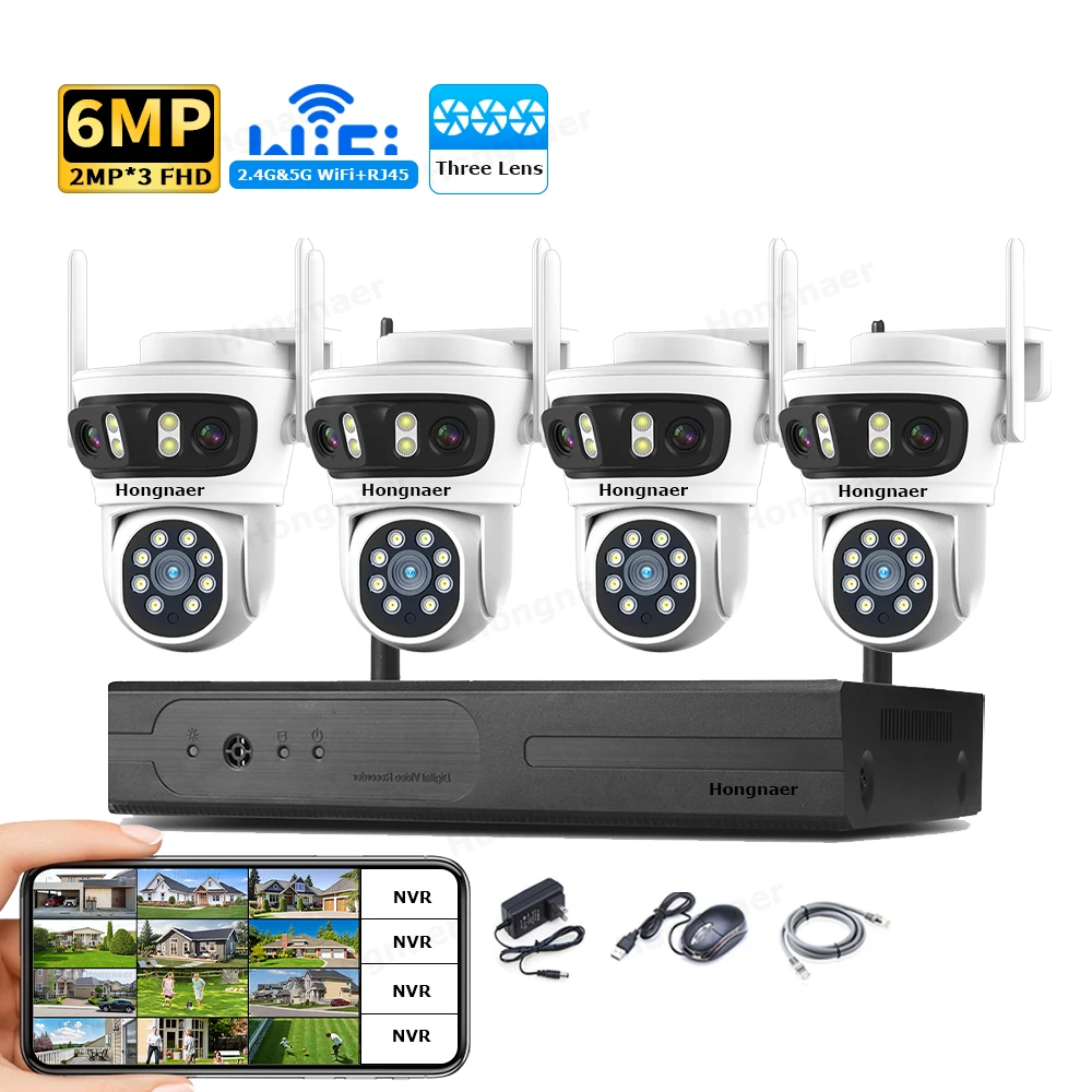 Home Security System - ชุดกล้องวงจรปิดรักษาความปลอดภัยภายในบ้าน Hongnaer 6MP 4CH 3 เลนส์