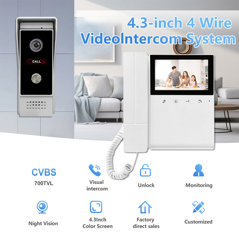 Home Security Uk - ระบบอินเตอร์คอมวิดีโอประตูบ้านแบบ 4 สาย พร้อมจอแสดงผล 4.3 นิ้ว