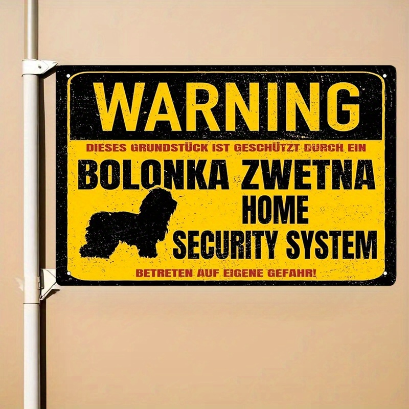 Home Security System - ป้ายเตือนสุนัข Bolonka Zwetna สำหรับตกแต่งห้อง, ป้ายโลหะสำหรับระบบรักษาความปลอดภัยบ้าน, ไม่ต้องใช้ไฟฟ้า,