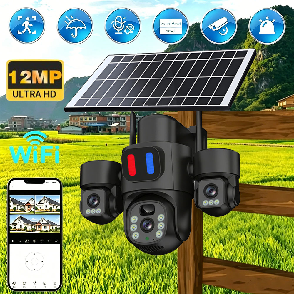 Home Security Cameras Outdoor - กล้องโซลาร์ไวไฟ PTZ สำหรับภายนอกอาคาร เลนส์สามตัว จอแสดงผลสามจอ ตรวจจับความเคลื่อนไหว